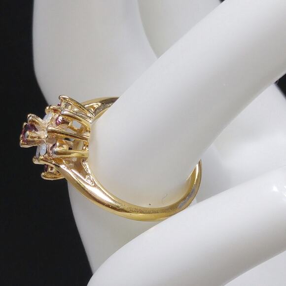 Vintage 1970s Gold Plated Purple Rhinestone Opal Cocktail Ring 18K HGE Sz 5¼ - Picture 10 of 10
